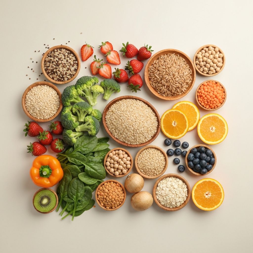 Flat lay of various whole foods showing diversity and balance